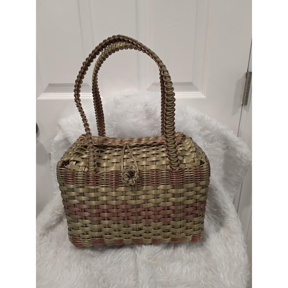 Vintage Style Woven Plastic Basket Tote Handbag